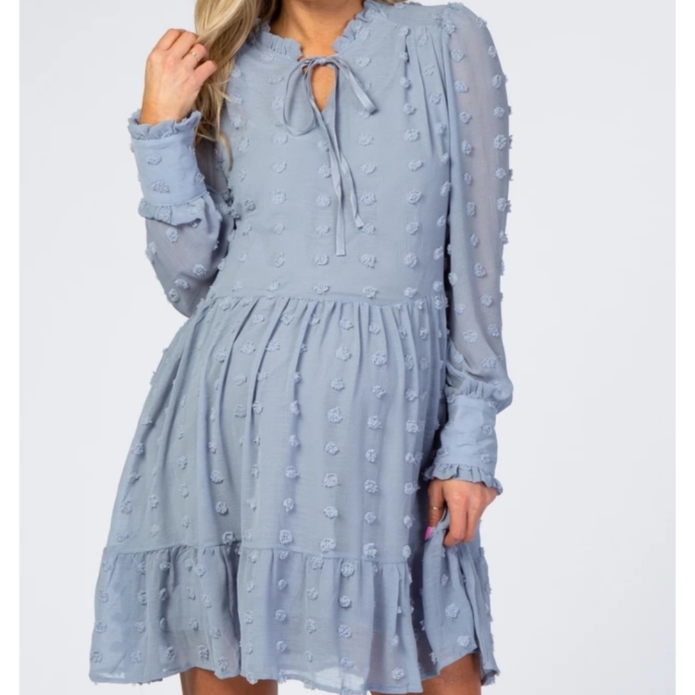 Pinkblush Light Blue Textured Swiss Dot Chiffon Ruffle Hem Maternity Mini Dress
